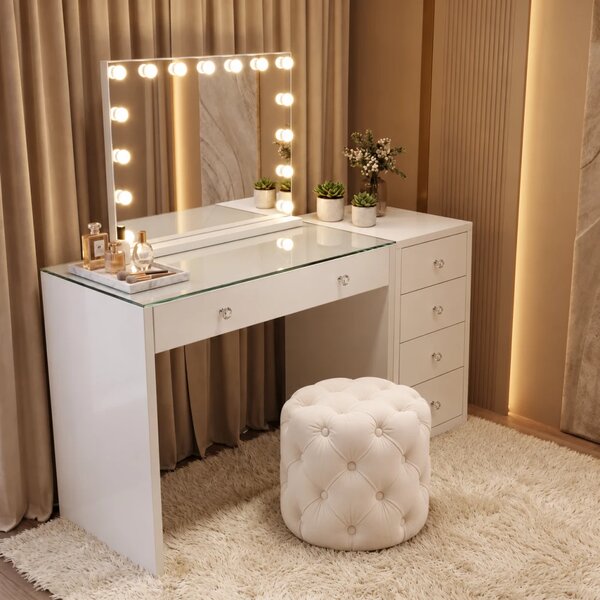 Set GLORIA – Masă de Toaletă pentru Machiaj, Oglindă Iluminată, Becuri LED, Comodă, Taburet, Alb
