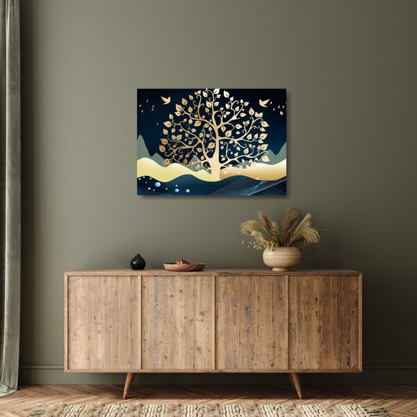 Tablou pe sticlă cu copac auriu (70x50 cm)