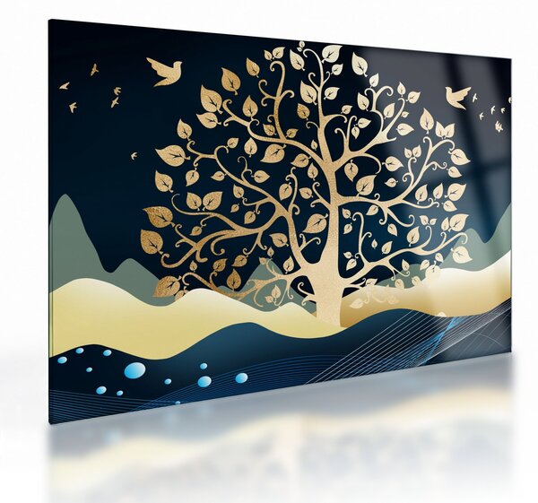 Tablou pe sticlă cu copac auriu (70x50 cm)