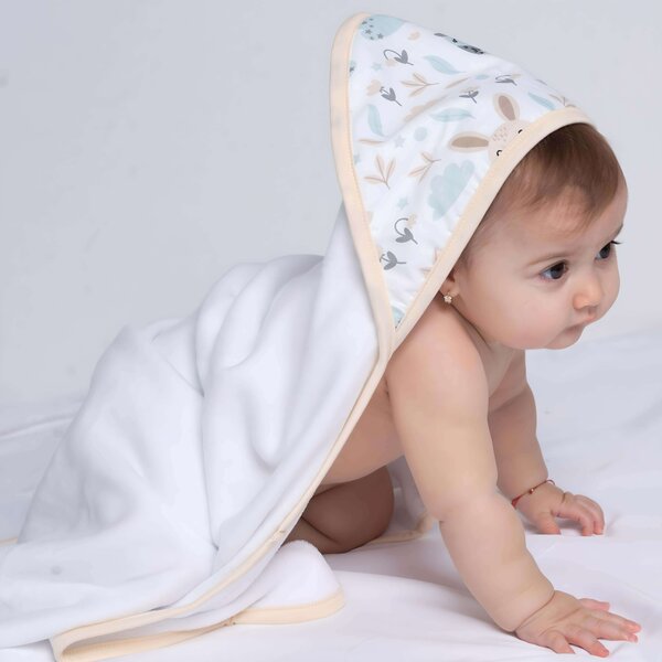 Prosop bebe din bumbac cu gluga 90x90 cm Kidizi Magic Grey Stars, potrivit de la nastere pana la 2 ani