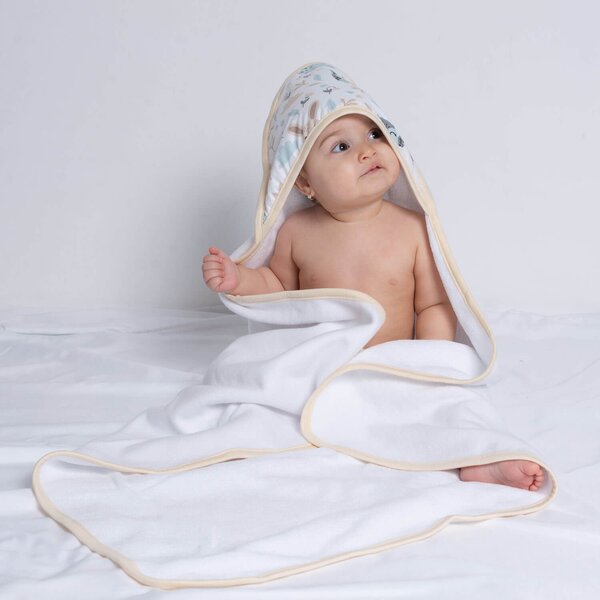 Prosop bebe din bumbac cu gluga 90x90 cm Kidizi Galaxy Grey, potrivit de la nastere pana la 2 ani