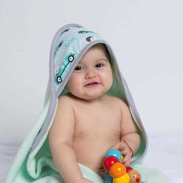 Prosop bebe din bumbac cu gluga 90x90 cm Kidizi Galaxy Mint, potrivit de la nastere pana la 2 ani