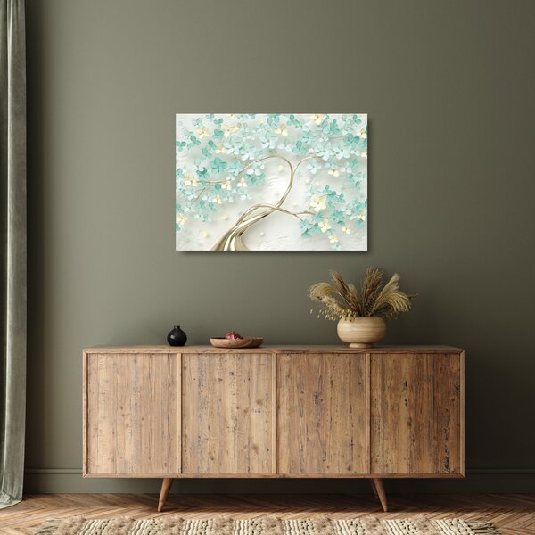 Tablou pe sticlă - Copac auriu înflorit (70x50 cm)