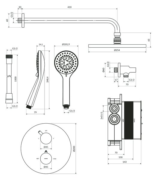 Omnires Y set de duș ascuns cu termostat cu duș de ploaie crom SYSYT05CR