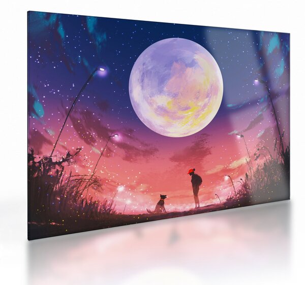 Tablou pe sticlă - Femeie și câine pe lună plină (70x50 cm)
