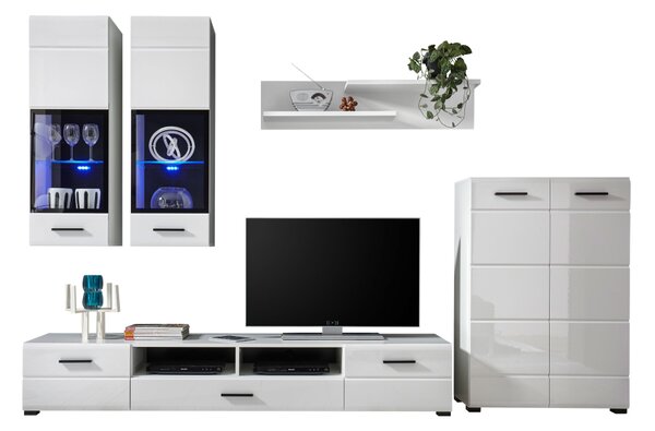 KONDELA Mobilier perete living, alb extra lucios HG, ARCTIC