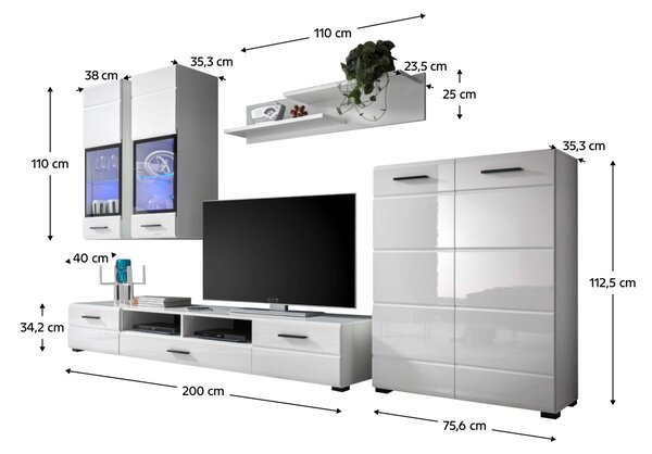 KONDELA Mobilier perete living, alb extra lucios HG, ARCTIC