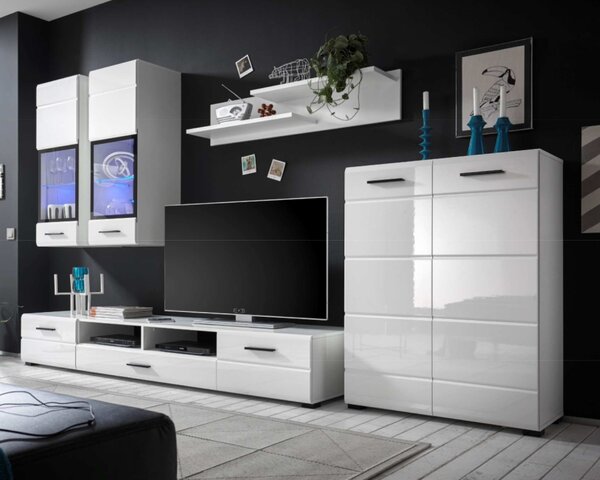 KONDELA Mobilier perete living, alb extra lucios HG, ARCTIC