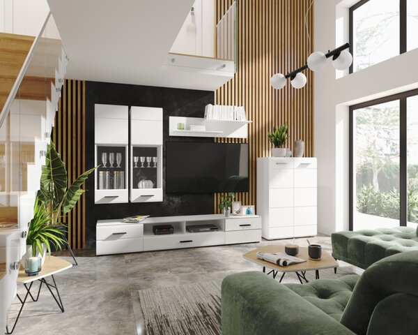 KONDELA Mobilier perete living, alb extra lucios HG, ARCTIC