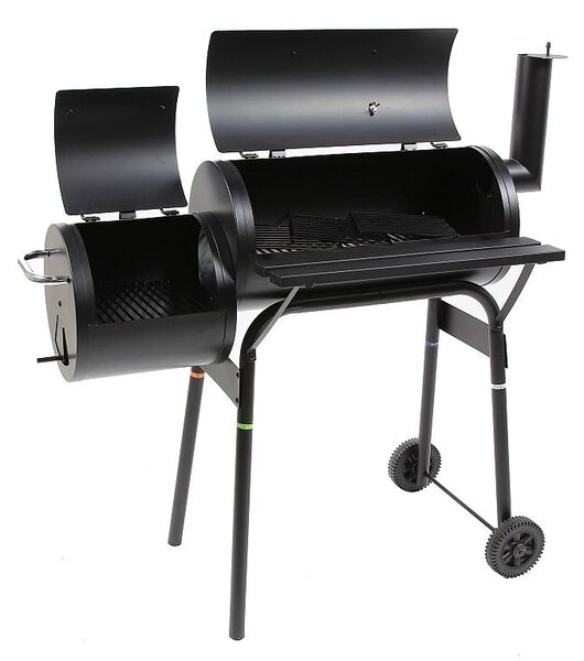 Gratar BBQ pentru carbuni, 2 compartimente, grill si afumatoare, raft, horn, roti transport, termometru