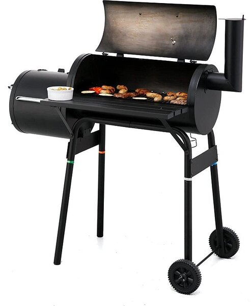 Gratar BBQ pentru carbuni, 2 compartimente, grill si afumatoare, raft, horn, roti transport, termometru