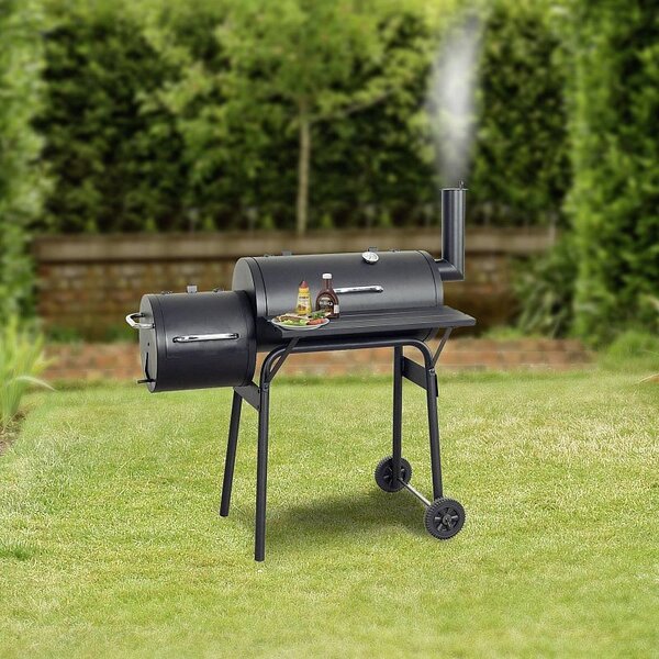 Gratar BBQ pentru carbuni, 2 compartimente, grill si afumatoare, raft, horn, roti transport, termometru