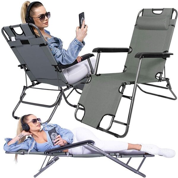 Sezlong pliabil tip scaun, pentru camping sau plaja, cotiere PVC, tetiera detasabila, 153x60x79 cm