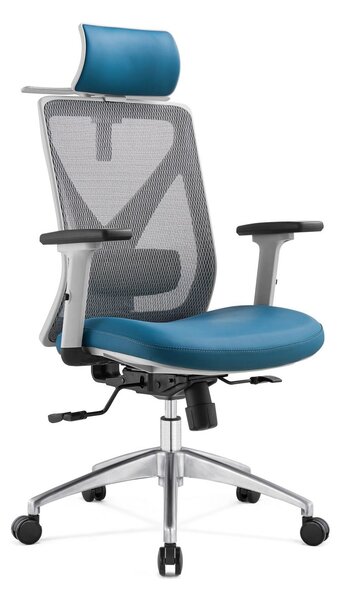 Scaun ergonomic Mike-H, spatar reglabil inatime, mecanism multifunctional blocare/inclinare, balans, sezut translatie, cotiere 3D, Mesh/Piele, Gri/Albastru