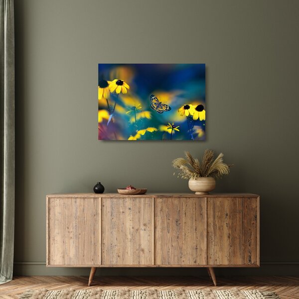 Tablou pe sticlă - Fluture galben și flori (70x50 cm)