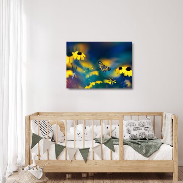 Tablou pe sticlă - Fluture galben și flori (70x50 cm)