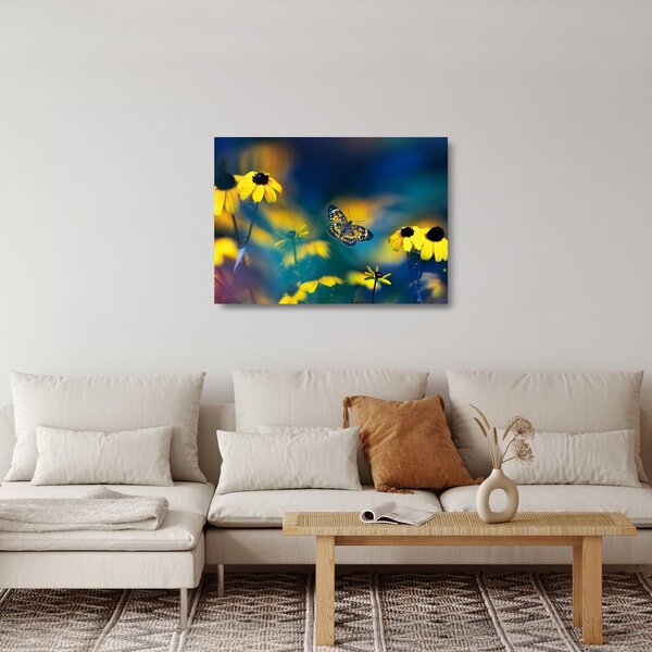 Tablou pe sticlă - Fluture galben și flori (70x50 cm)