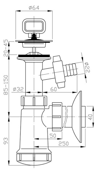 Bruckner Bruckner, Sifon chiuvetă, ieșire din oțel inoxidabil 5/4' deșeuri 40mm cu ramură, dop, plastic, 151.114.0