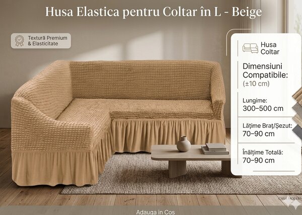 Husă Elastică și Creponată pentru Colțar cu Volănaș, Bej