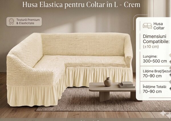 Husă Elastică și Creponată pentru Colțar cu Volănaș, Crem