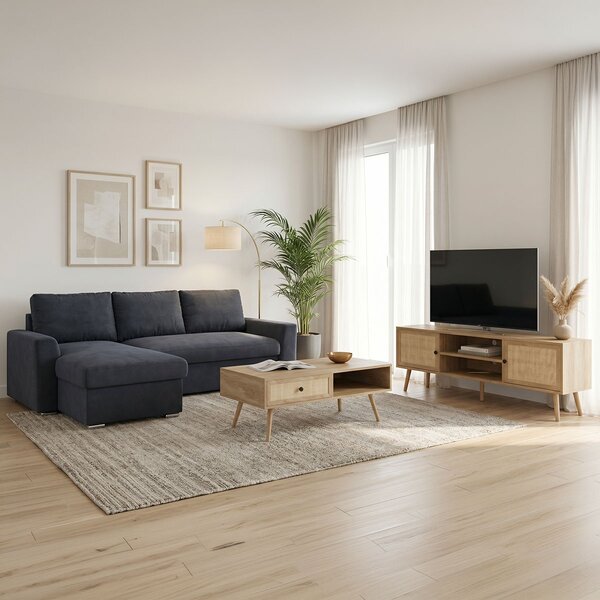 Set mobilier studenti coltar reversibil extensibil, masuta de cafea si comoda TV, 3 buc, Flux, Stejar, 236x164x88 cm
