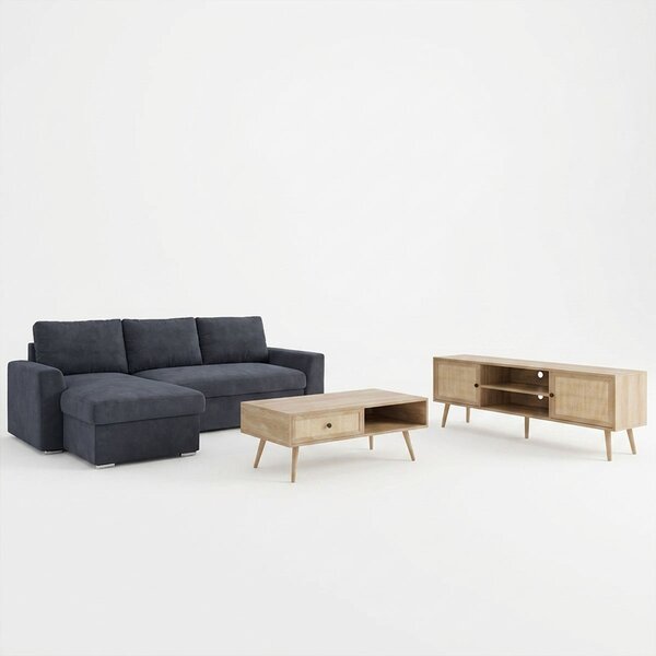 Set mobilier studenti coltar reversibil extensibil, masuta de cafea si comoda TV, 3 buc, Flux, Stejar, 236x164x88 cm