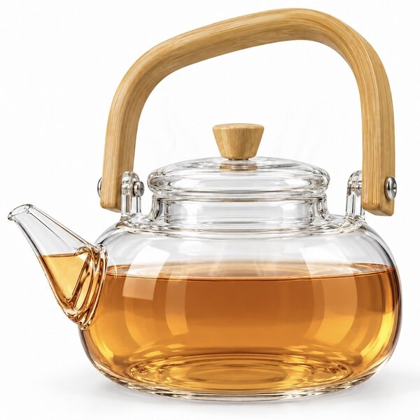 Ceainic din sticla borosilicata cu maner si capac din lemn, design elegant, stil japonez, pentru prepararea si servirea ceaiului, 1 L