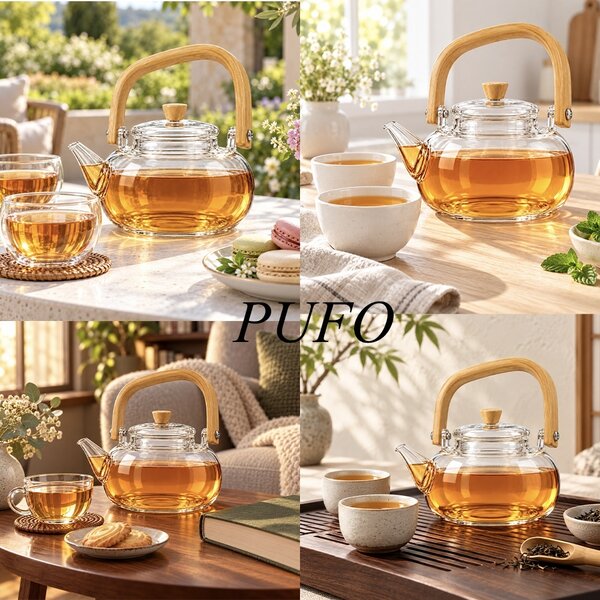 Ceainic din sticla borosilicata cu maner si capac din lemn, design elegant, stil japonez, pentru prepararea si servirea ceaiului, 1 L