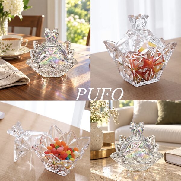 Bomboniera decorativa Floare de Lotus din sticla cu capac, design elegant, pentru bomboane, bijuterii si decoratiuni interioare