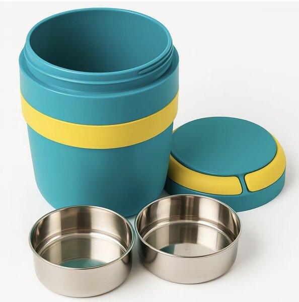 Lunch box termoizolant Pufo din inox cu farfurie interioara detasabila si capac etans, pentru mâncare sau supe, 2 L, albastru