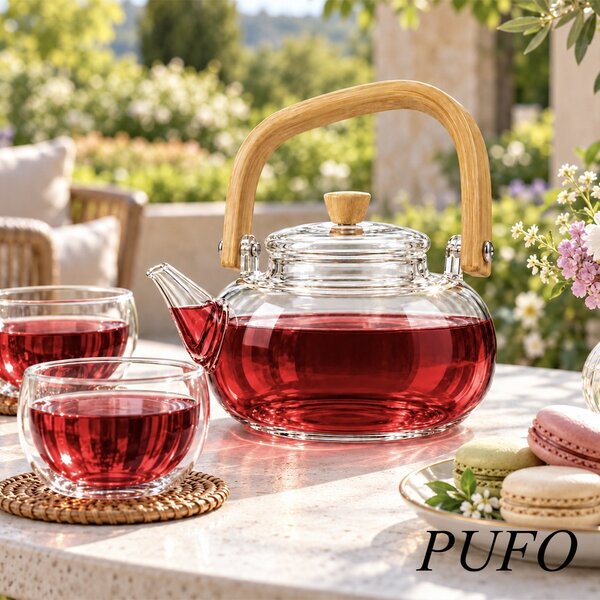 Ceainic din sticla borosilicata cu maner si capac din lemn, design elegant, stil japonez, pentru prepararea si servirea ceaiului, 1 L