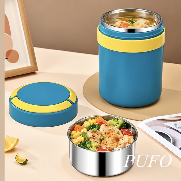 Lunch box termoizolant Pufo din inox cu farfurie interioara detasabila si capac etans, pentru mâncare sau supe, 2 L, albastru