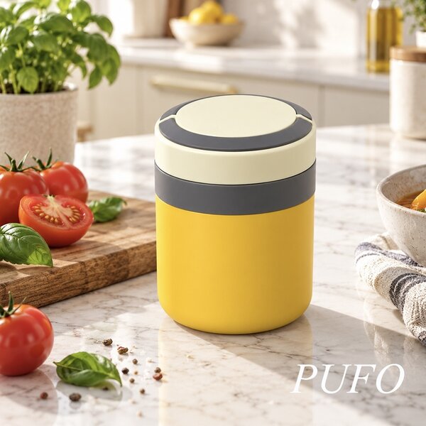 Lunch box termoizolant Pufo din inox cu farfurie interioara detasabila si capac etans, pentru mâncare sau supe, 2 L, galben
