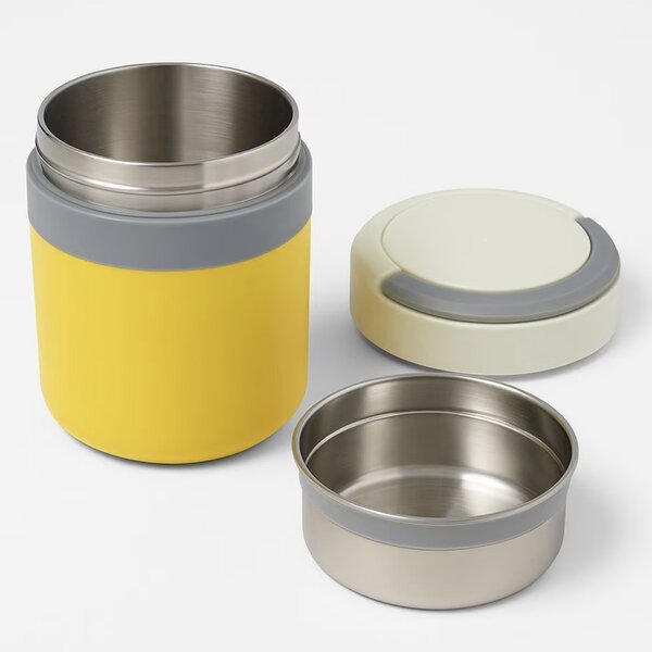 Lunch box termoizolant Pufo din inox cu farfurie interioara detasabila si capac etans, pentru mâncare sau supe, 2 L, galben