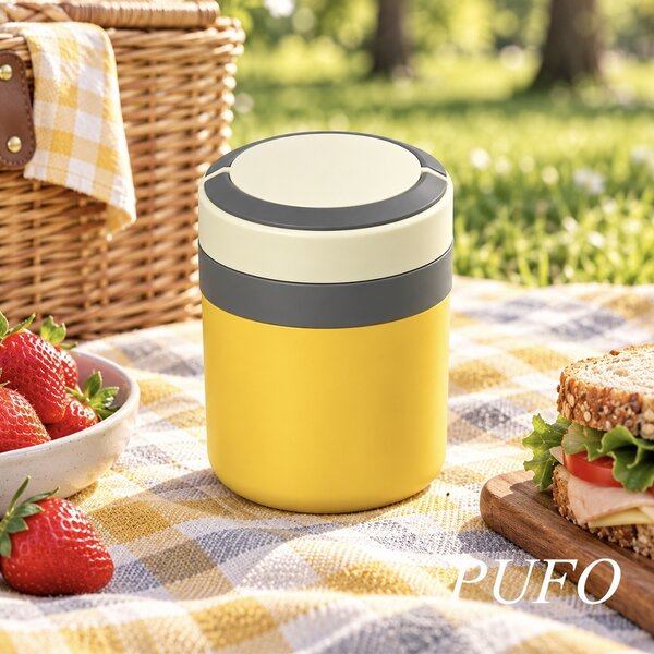 Lunch box termoizolant Pufo din inox cu farfurie interioara detasabila si capac etans, pentru mâncare sau supe, 2 L, galben