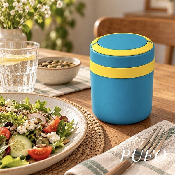 Lunch box termoizolant Pufo din inox cu farfurie interioara detasabila si capac etans, pentru mâncare sau supe, 2 L, albastru