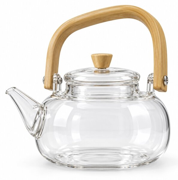 Ceainic din sticla borosilicata cu maner si capac din lemn, design elegant, stil japonez, pentru prepararea si servirea ceaiului, 1 L