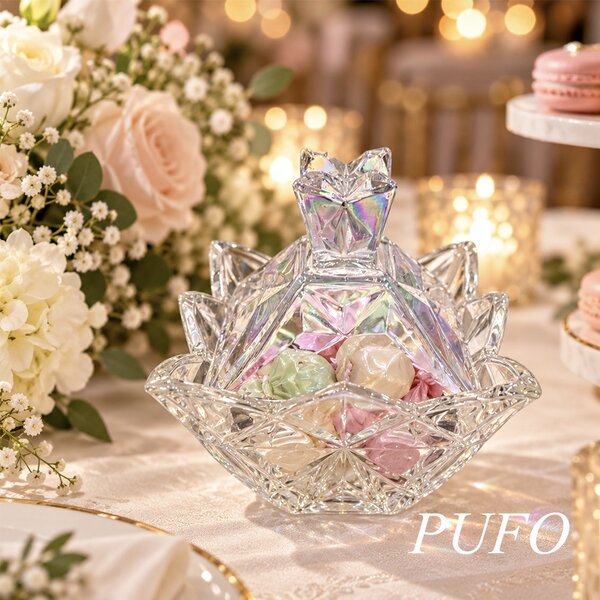 Bomboniera decorativa Floare de Lotus din sticla cu capac, design elegant, pentru bomboane, bijuterii si decoratiuni interioare