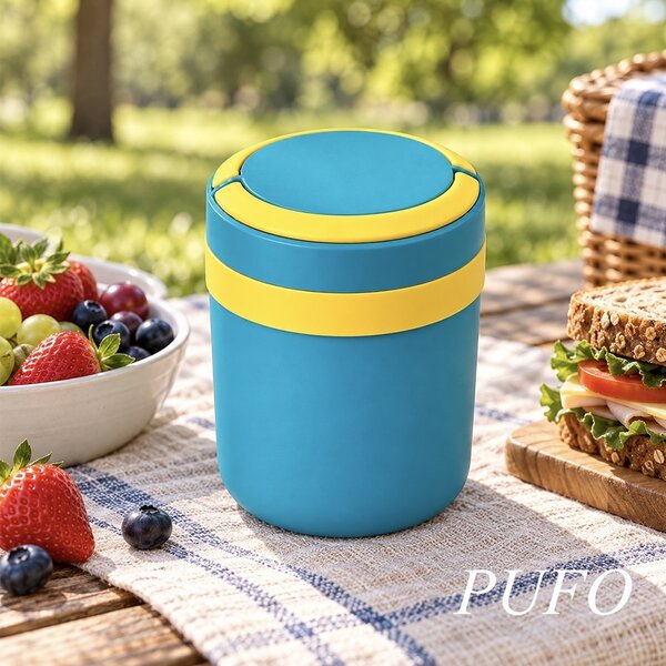 Lunch box termoizolant Pufo din inox cu farfurie interioara detasabila si capac etans, pentru mâncare sau supe, 2 L, albastru