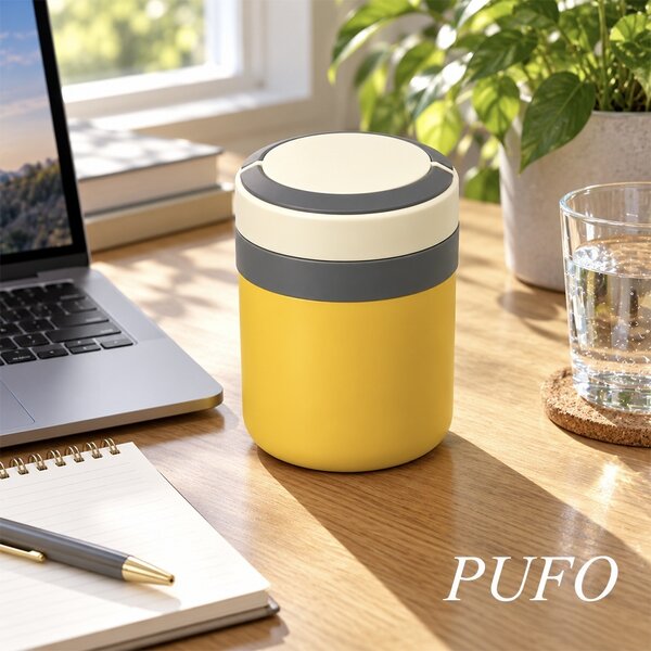 Lunch box termoizolant Pufo din inox cu farfurie interioara detasabila si capac etans, pentru mâncare sau supe, 2 L, galben