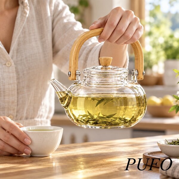 Ceainic din sticla borosilicata cu maner si capac din lemn, design elegant, stil japonez, pentru prepararea si servirea ceaiului, 1 L