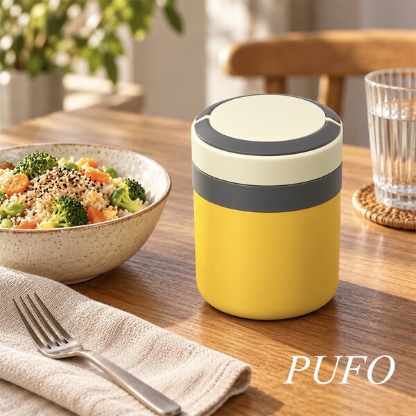 Lunch box termoizolant Pufo din inox cu farfurie interioara detasabila si capac etans, pentru mâncare sau supe, 2 L, galben