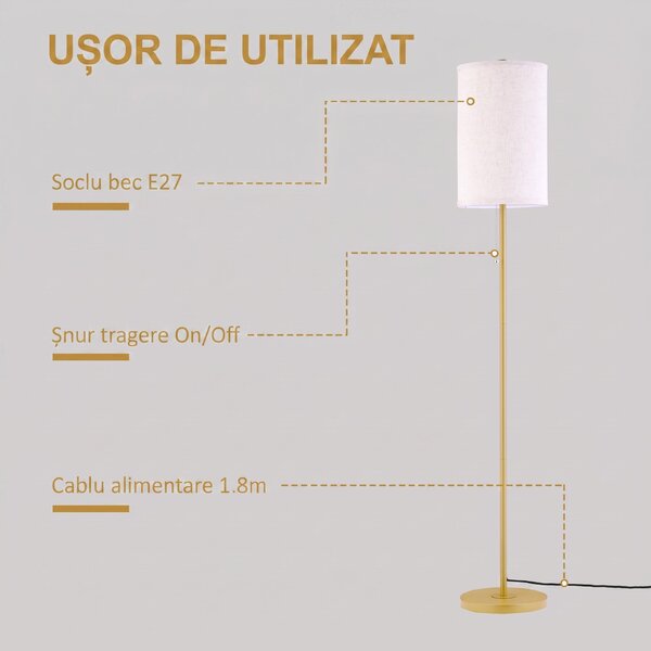 HOMCOM Lampadar cu Abajur din In și Dulie E27, In și Oțel, 25,5x25,5x157 cm, Auriu | Aosom Romania