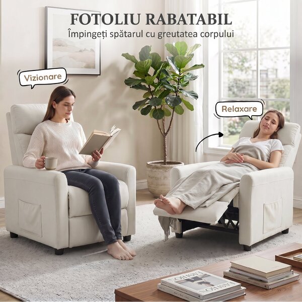 HOMCOM Fotoliu Reclinabil 135° max în Material cu Efect de In, Spumă, Oțel și Lemn, 73x86x100 cm, Crem | Aosom Romania