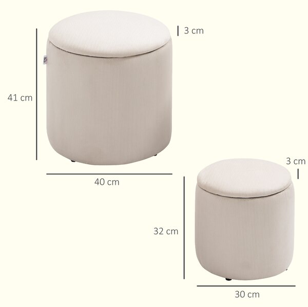 HOMCOM Set de 2 Pouf-uri pentru Depozitare Salvaspazio Rotunde și Îmbunătățite din Catifea cu Nervuri, Alb | Aosom Romania