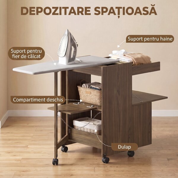 HOMCOM Dulap Masă de Călcat Pliabil cu Suport pentru Fier și Haine cu Compartiment Deschis, 154x55x87 cm, Maro | Aosom Romania