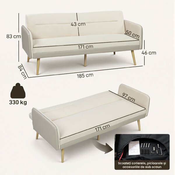 HOMCOM Canapea Extensibilă 3 Locuri Convertibilă cu Cotiere din PU, Colțar Reclinabil Clic Clac în Catifea cu Picioare Metalice și Cadru din Lemn, pentru Living sau Dormitor, 185x84x83 cm, Bej | Aosom Romania