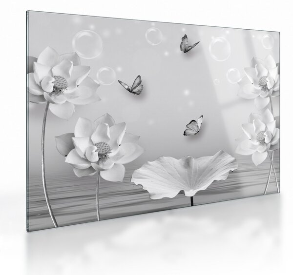 Tablou pe sticlă - Design flori și fluturi (70x50 cm)