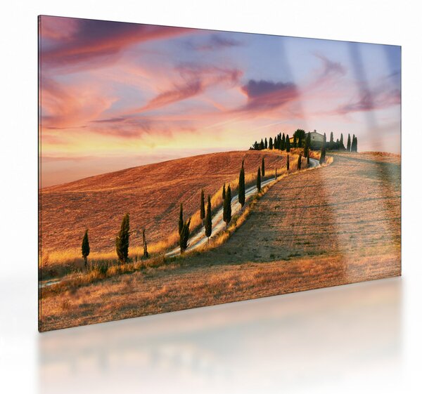 Tablou pe sticlă - Casa pe deal Toscana, Italia (70x50 cm)