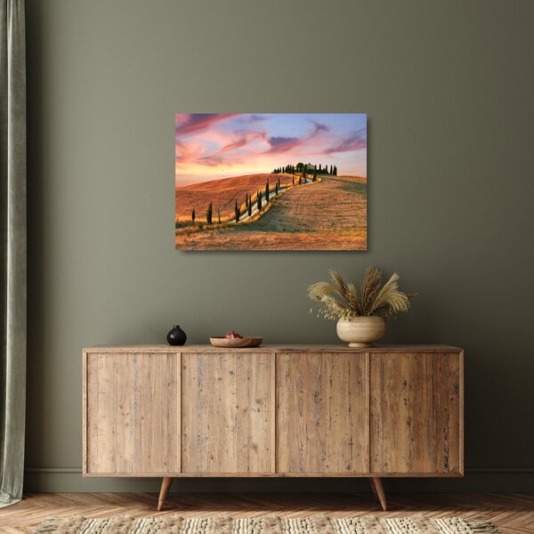 Tablou pe sticlă - Casa pe deal Toscana, Italia (70x50 cm)